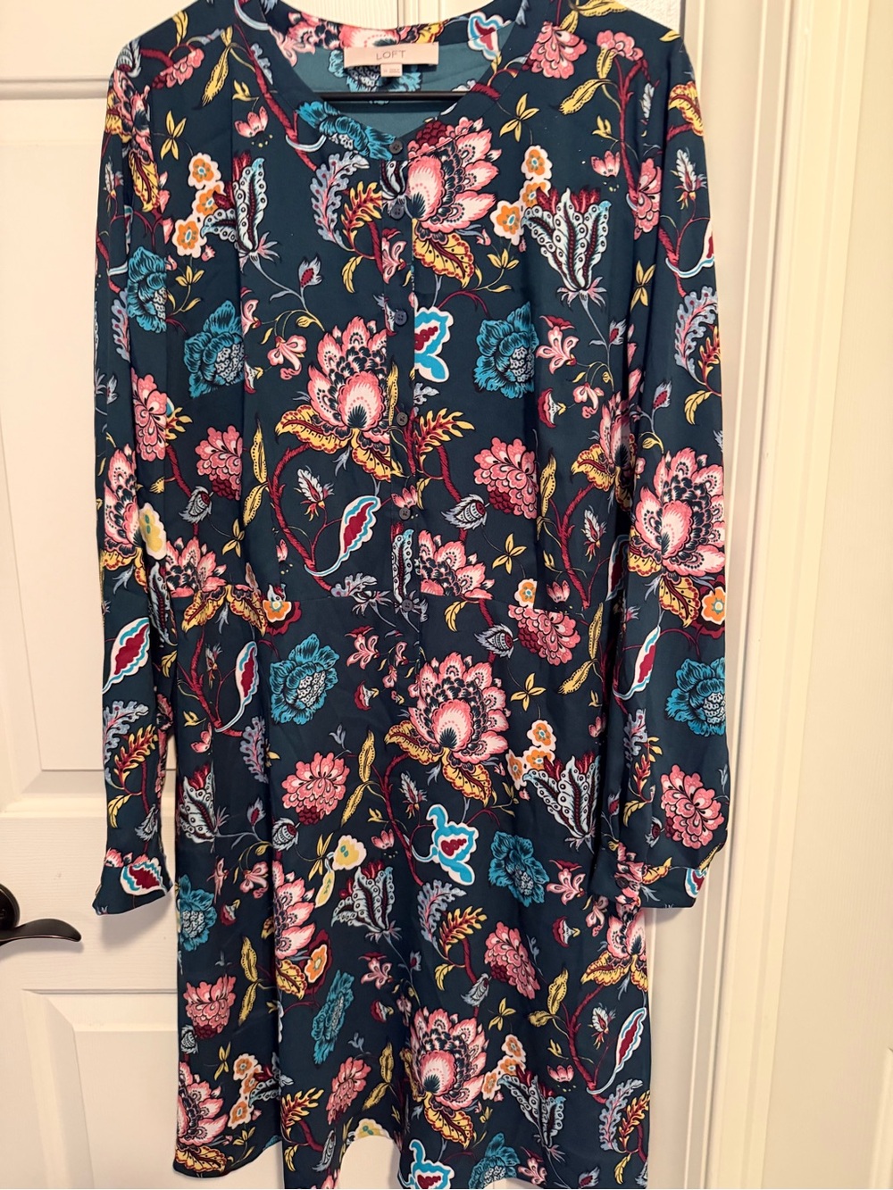 LOFT Teal Floral Long-Sleeve Dress with Pink & Yellow Accents